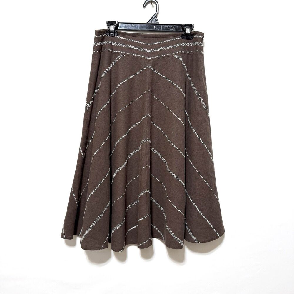 Edward Womens 6 Brown Linen Blend Embroidered Flare A-Line Skirt Boho Y2K